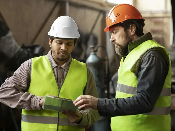 Due tecnici in stabilimento consultano i dati su un tablet