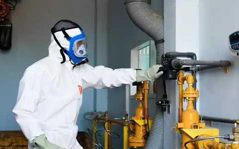 Tecnico con tuta e maschera ispeziona un impianto