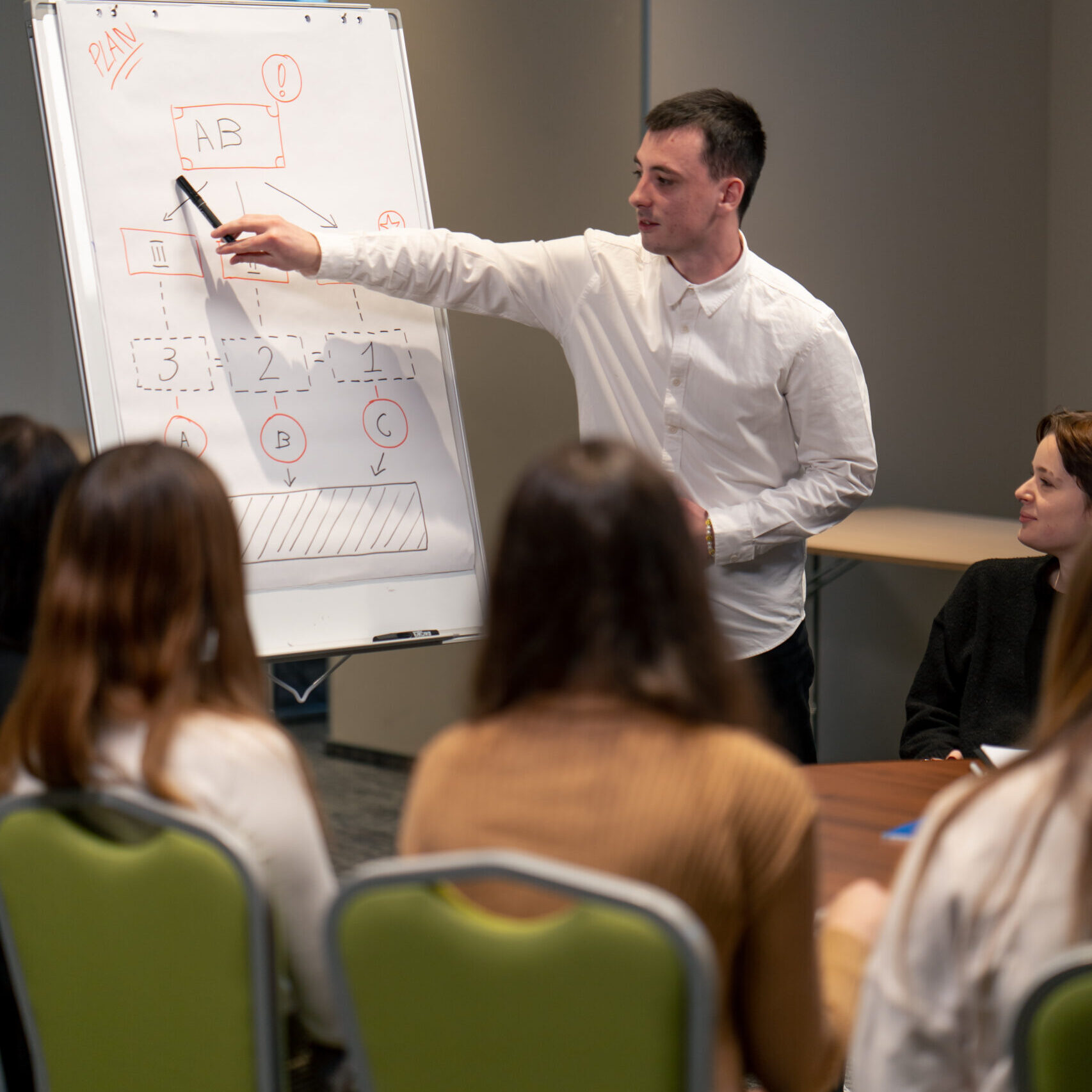 business conference or meeting in a hotel a man on a flipchart shows a development plan for company