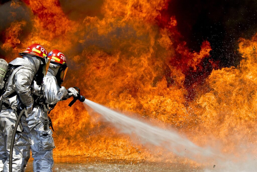 firefighters, fire, firefighting, flames, water, nature, hose, extinguishing