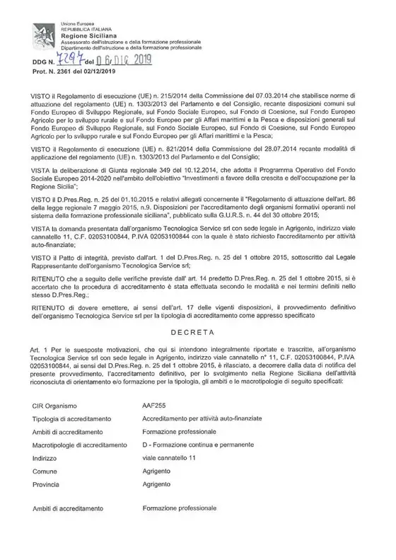 Decreto di accreditamento della Regione Siciliana, DDG n. 7297 del 06/12/2019