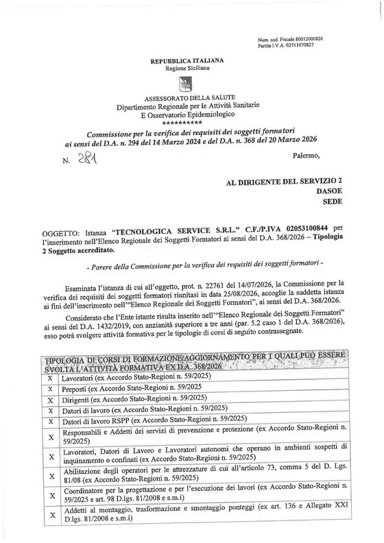 Parere n. 281/2026 della Commissione regionale per la verifica dei requisiti dei soggetti formatori