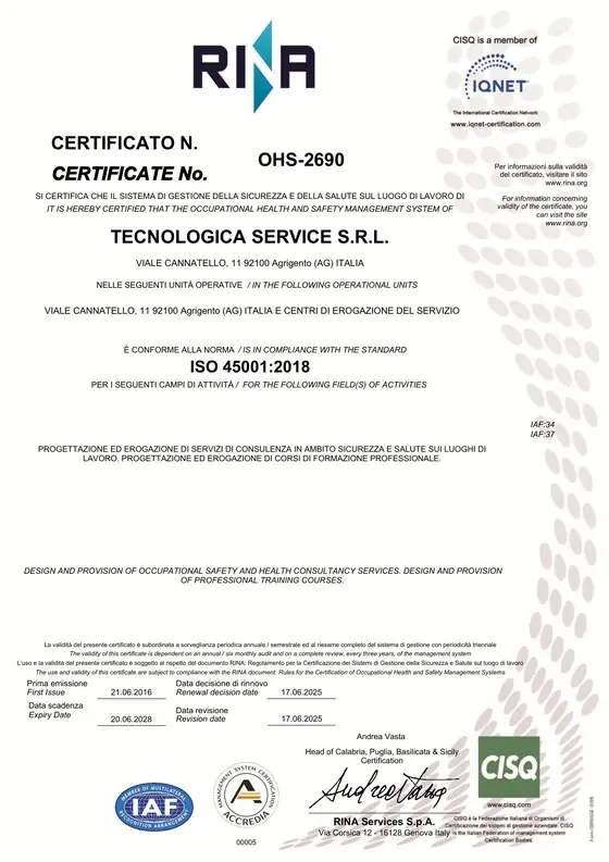 Prima pagina del certificato RINA n. OHS-2690, ISO 45001:2018