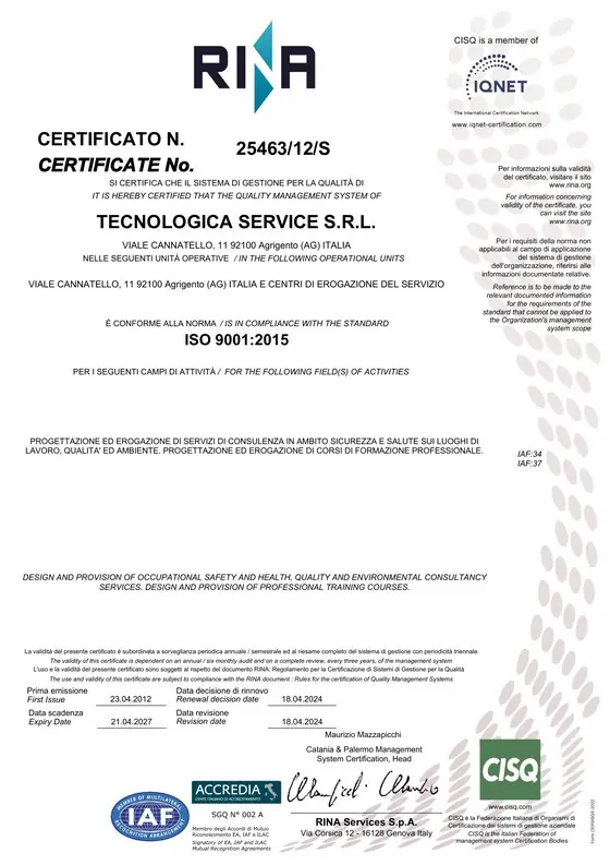 Prima pagina del certificato RINA n. 25463/12/S, ISO 9001:2015